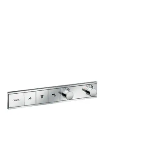 Thermostat von Hansgrohe mit Steuerungen für drei Wasserverbraucher, in einer verchromten Oberfläche, bestehend aus zwei Drehknöpfen und drei Schaltflächen.